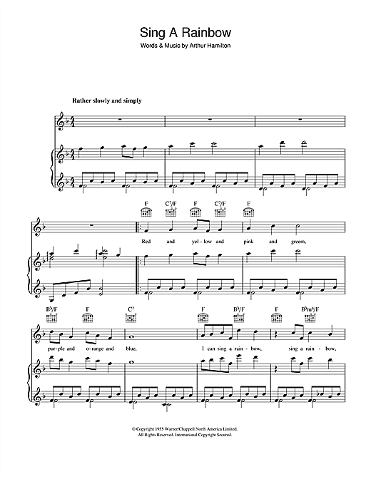 Preview Arthur Hamilton Sing A Rainbow Children sheet music, notes and chords for Piano, Vocal & Guitar (Right-Hand Melody), SKU: 41301 sheet music, piano notes, chords, guitar tabs, score, transpose, transcribe, how to play, guide, download, learn, tutorial, progression, song, artist, awards, billboard, mtv, vh1, tour, single, album, release