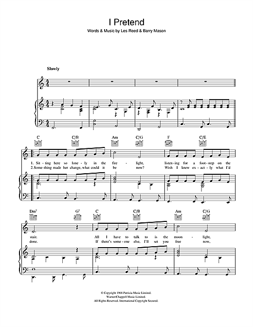 Preview Les Reed I Pretend Pop sheet music, notes and chords for Piano, Vocal & Guitar (Right-Hand Melody), SKU: 41302 sheet music, piano notes, chords, guitar tabs, score, transpose, transcribe, how to play, guide, download, learn, tutorial, progression, song, artist, awards, billboard, mtv, vh1, tour, single, album, release
