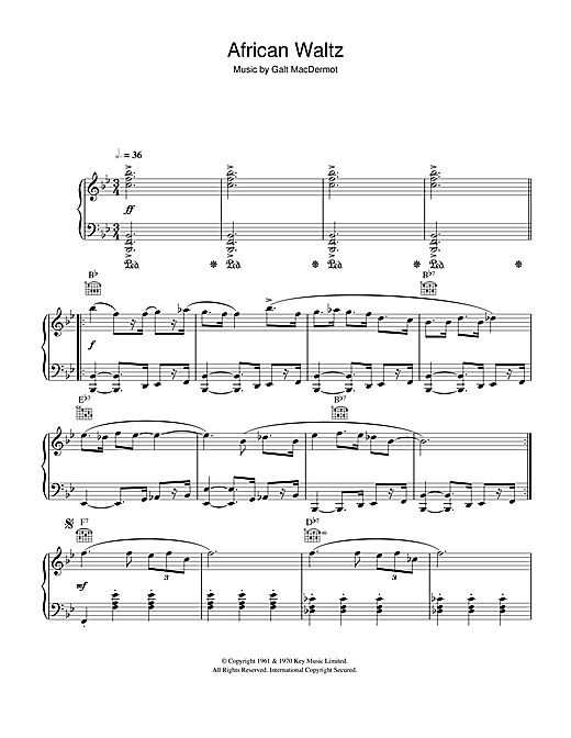Preview Galt MacDermot African Waltz Easy Listening sheet music, notes and chords for Piano, SKU: 41303 sheet music, piano notes, chords, guitar tabs, score, transpose, transcribe, how to play, guide, download, learn, tutorial, progression, song, artist, awards, billboard, mtv, vh1, tour, single, album, release
