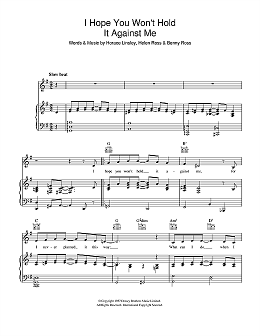 Preview Benny Ross I Hope You Won't Hold It Against Me Easy Listening sheet music, notes and chords for Piano, Vocal & Guitar (Right-Hand Melody), SKU: 41304 sheet music, piano notes, chords, guitar tabs, score, transpose, transcribe, how to play, guide, download, learn, tutorial, progression, song, artist, awards, billboard, mtv, vh1, tour, single, album, release