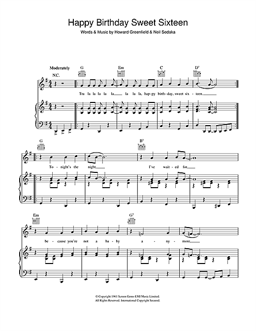 Preview Neil Sedaka Happy Birthday Sweet Sixteen Easy Listening sheet music, notes and chords for Piano, Vocal & Guitar (Right-Hand Melody), SKU: 41305 sheet music, piano notes, chords, guitar tabs, score, transpose, transcribe, how to play, guide, download, learn, tutorial, progression, song, artist, awards, billboard, mtv, vh1, tour, single, album, release