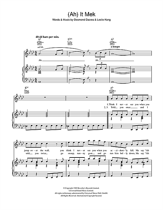 Preview Desmond Dekker (Ah) It Mek Reggae sheet music, notes and chords for Piano, Vocal & Guitar (Right-Hand Melody), SKU: 41307 sheet music, piano notes, chords, guitar tabs, score, transpose, transcribe, how to play, guide, download, learn, tutorial, progression, song, artist, awards, billboard, mtv, vh1, tour, single, album, release