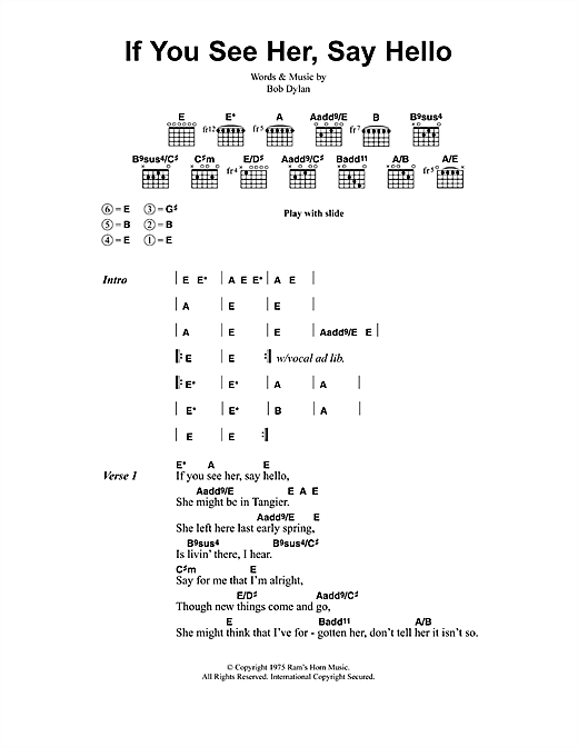 Preview Jeff Buckley If You See Her, Say Hello Rock sheet music, notes and chords for Lyrics & Chords, SKU: 41309 sheet music, piano notes, chords, guitar tabs, score, transpose, transcribe, how to play, guide, download, learn, tutorial, progression, song, artist, awards, billboard, mtv, vh1, tour, single, album, release