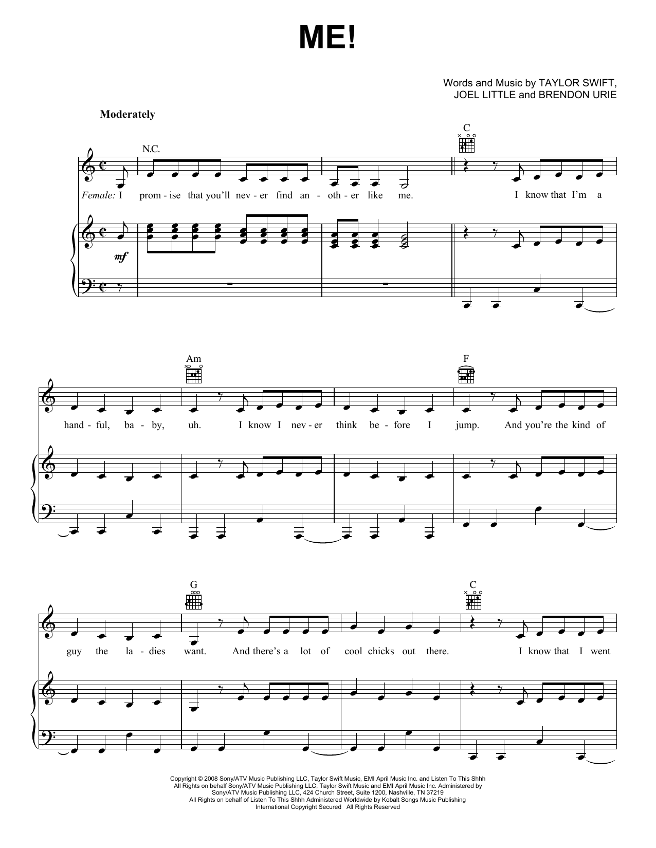 Preview Taylor Swift ME! (feat. Brendon Urie of Panic! At The Disco) Pop sheet music, notes and chords for Piano, Vocal & Guitar (Right-Hand Melody), SKU: 413142 sheet music, piano notes, chords, guitar tabs, score, transpose, transcribe, how to play, guide, download, learn, tutorial, progression, song, artist, awards, billboard, mtv, vh1, tour, single, album, release