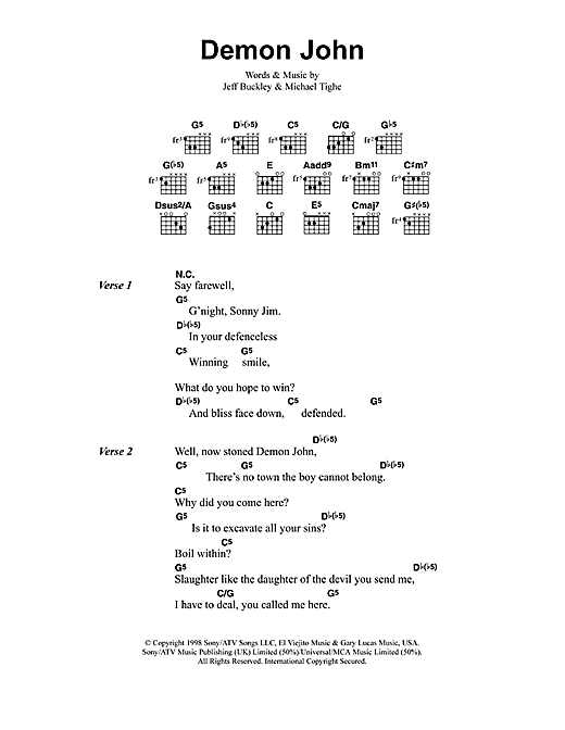 Preview Jeff Buckley Demon John Rock sheet music, notes and chords for Lyrics & Chords, SKU: 41323 sheet music, piano notes, chords, guitar tabs, score, transpose, transcribe, how to play, guide, download, learn, tutorial, progression, song, artist, awards, billboard, mtv, vh1, tour, single, album, release