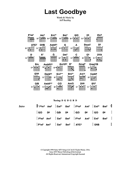 Preview Jeff Buckley Last Goodbye Rock sheet music, notes and chords for Lyrics & Chords, SKU: 41325 sheet music, piano notes, chords, guitar tabs, score, transpose, transcribe, how to play, guide, download, learn, tutorial, progression, song, artist, awards, billboard, mtv, vh1, tour, single, album, release