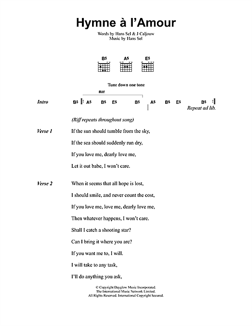 Preview Jeff Buckley Hymne A L'Amour Rock sheet music, notes and chords for Lyrics & Chords, SKU: 41329 sheet music, piano notes, chords, guitar tabs, score, transpose, transcribe, how to play, guide, download, learn, tutorial, progression, song, artist, awards, billboard, mtv, vh1, tour, single, album, release