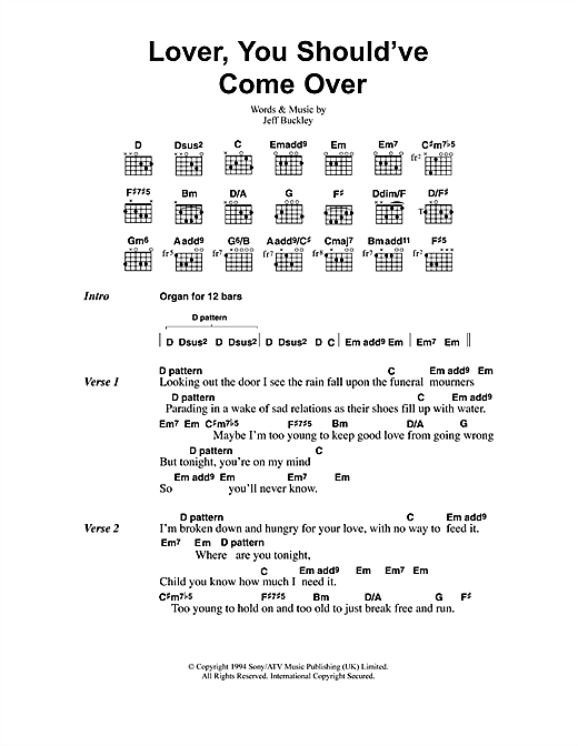 Preview Jeff Buckley Lover, You Should've Come Over Rock sheet music, notes and chords for Lyrics & Chords, SKU: 41330 sheet music, piano notes, chords, guitar tabs, score, transpose, transcribe, how to play, guide, download, learn, tutorial, progression, song, artist, awards, billboard, mtv, vh1, tour, single, album, release
