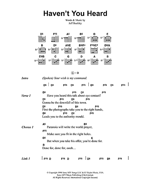 Preview Jeff Buckley Haven't You Heard Rock sheet music, notes and chords for Lyrics & Chords, SKU: 41331 sheet music, piano notes, chords, guitar tabs, score, transpose, transcribe, how to play, guide, download, learn, tutorial, progression, song, artist, awards, billboard, mtv, vh1, tour, single, album, release