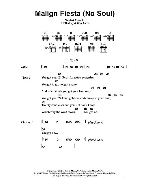 Preview Jeff Buckley Malign Fiesta (No Soul) Rock sheet music, notes and chords for Lyrics & Chords, SKU: 41335 sheet music, piano notes, chords, guitar tabs, score, transpose, transcribe, how to play, guide, download, learn, tutorial, progression, song, artist, awards, billboard, mtv, vh1, tour, single, album, release