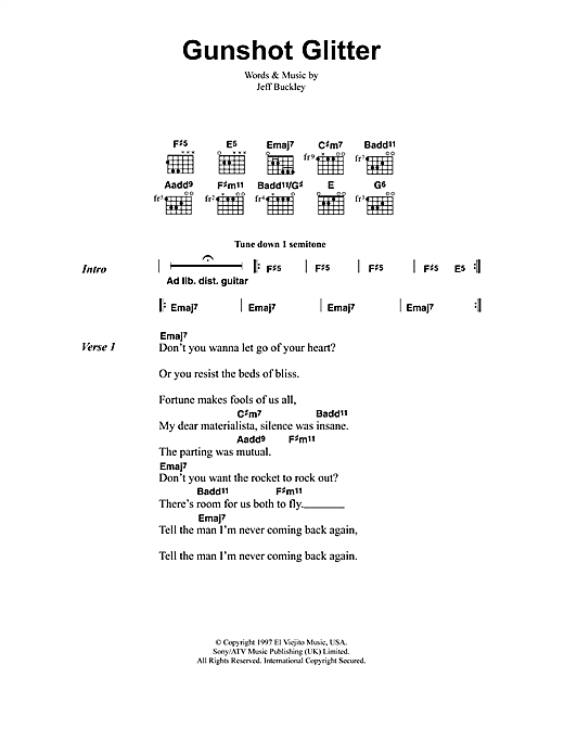 Preview Jeff Buckley Gunshot Glitter Rock sheet music, notes and chords for Lyrics & Chords, SKU: 41338 sheet music, piano notes, chords, guitar tabs, score, transpose, transcribe, how to play, guide, download, learn, tutorial, progression, song, artist, awards, billboard, mtv, vh1, tour, single, album, release