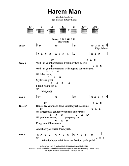 Preview Jeff Buckley Harem Man Rock sheet music, notes and chords for Lyrics & Chords, SKU: 41339 sheet music, piano notes, chords, guitar tabs, score, transpose, transcribe, how to play, guide, download, learn, tutorial, progression, song, artist, awards, billboard, mtv, vh1, tour, single, album, release
