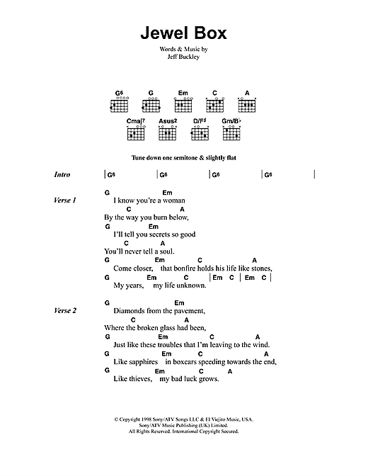 Preview Jeff Buckley Jewel Box Rock sheet music, notes and chords for Lyrics & Chords, SKU: 41341 sheet music, piano notes, chords, guitar tabs, score, transpose, transcribe, how to play, guide, download, learn, tutorial, progression, song, artist, awards, billboard, mtv, vh1, tour, single, album, release