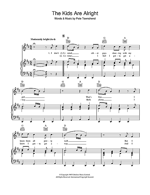 Preview The Who The Kids Are Alright Rock sheet music, notes and chords for Piano, Vocal & Guitar, SKU: 41346 sheet music, piano notes, chords, guitar tabs, score, transpose, transcribe, how to play, guide, download, learn, tutorial, progression, song, artist, awards, billboard, mtv, vh1, tour, single, album, release