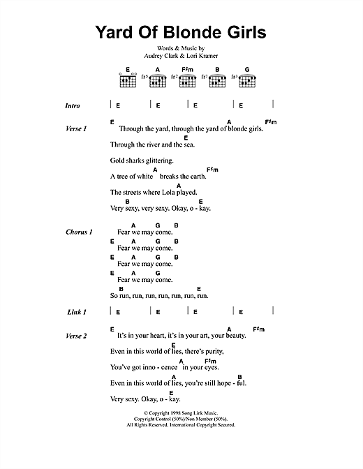 Preview Jeff Buckley Yard Of Blonde Girls Rock sheet music, notes and chords for Lyrics & Chords, SKU: 41352 sheet music, piano notes, chords, guitar tabs, score, transpose, transcribe, how to play, guide, download, learn, tutorial, progression, song, artist, awards, billboard, mtv, vh1, tour, single, album, release