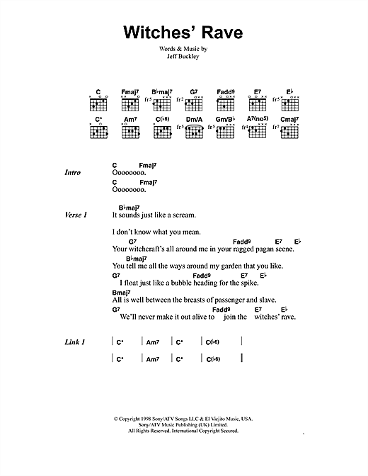 Preview Jeff Buckley Witches' Rave Rock sheet music, notes and chords for Lyrics & Chords, SKU: 41353 sheet music, piano notes, chords, guitar tabs, score, transpose, transcribe, how to play, guide, download, learn, tutorial, progression, song, artist, awards, billboard, mtv, vh1, tour, single, album, release