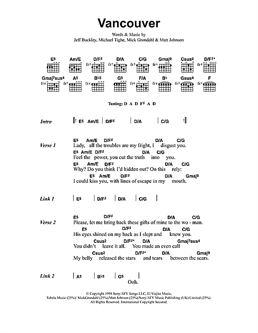 Preview Jeff Buckley Vancouver Rock sheet music, notes and chords for Lyrics & Chords, SKU: 41354 sheet music, piano notes, chords, guitar tabs, score, transpose, transcribe, how to play, guide, download, learn, tutorial, progression, song, artist, awards, billboard, mtv, vh1, tour, single, album, release