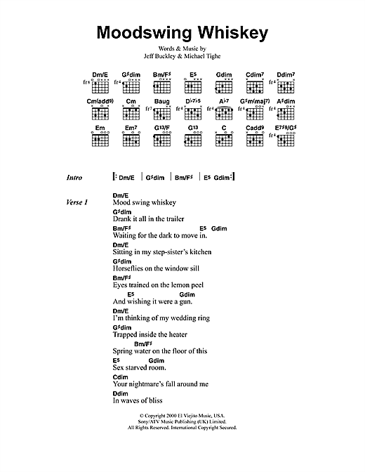 Preview Jeff Buckley Moodswing Whiskey Rock sheet music, notes and chords for Lyrics & Chords, SKU: 41357 sheet music, piano notes, chords, guitar tabs, score, transpose, transcribe, how to play, guide, download, learn, tutorial, progression, song, artist, awards, billboard, mtv, vh1, tour, single, album, release