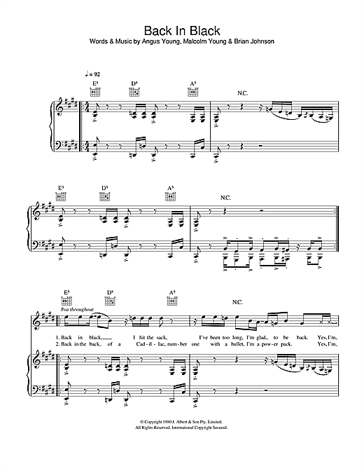Preview AC/DC Back In Black Rock sheet music, notes and chords for Piano, Vocal & Guitar, SKU: 41363 sheet music, piano notes, chords, guitar tabs, score, transpose, transcribe, how to play, guide, download, learn, tutorial, progression, song, artist, awards, billboard, mtv, vh1, tour, single, album, release