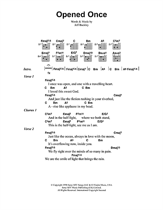 Preview Jeff Buckley Opened Once Rock sheet music, notes and chords for Lyrics & Chords, SKU: 41365 sheet music, piano notes, chords, guitar tabs, score, transpose, transcribe, how to play, guide, download, learn, tutorial, progression, song, artist, awards, billboard, mtv, vh1, tour, single, album, release