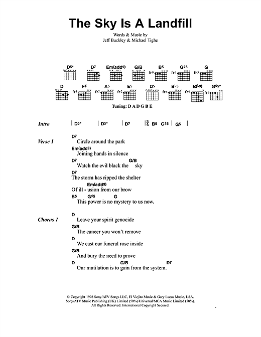 Preview Jeff Buckley The Sky Is A Landfill Rock sheet music, notes and chords for Lyrics & Chords, SKU: 41369 sheet music, piano notes, chords, guitar tabs, score, transpose, transcribe, how to play, guide, download, learn, tutorial, progression, song, artist, awards, billboard, mtv, vh1, tour, single, album, release