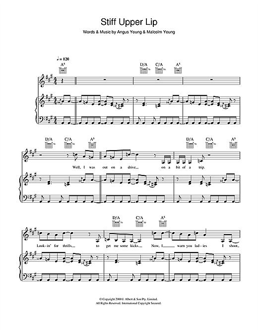 Preview AC/DC Stiff Upper Lip Rock sheet music, notes and chords for Piano, Vocal & Guitar, SKU: 41371 sheet music, piano notes, chords, guitar tabs, score, transpose, transcribe, how to play, guide, download, learn, tutorial, progression, song, artist, awards, billboard, mtv, vh1, tour, single, album, release