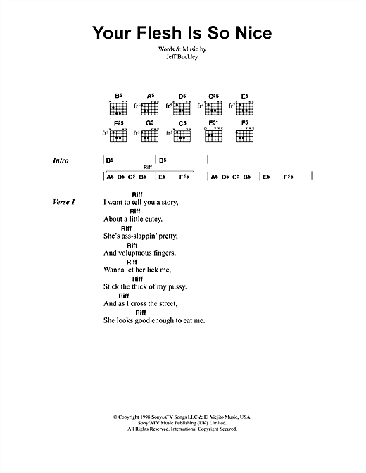 Preview Jeff Buckley Your Flesh Is So Nice Rock sheet music, notes and chords for Lyrics & Chords, SKU: 41376 sheet music, piano notes, chords, guitar tabs, score, transpose, transcribe, how to play, guide, download, learn, tutorial, progression, song, artist, awards, billboard, mtv, vh1, tour, single, album, release