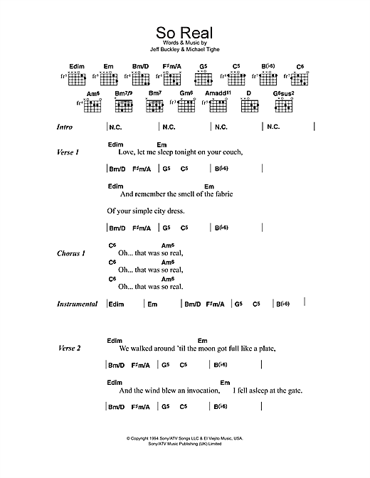 Preview Jeff Buckley So Real Rock sheet music, notes and chords for Lyrics & Chords, SKU: 41383 sheet music, piano notes, chords, guitar tabs, score, transpose, transcribe, how to play, guide, download, learn, tutorial, progression, song, artist, awards, billboard, mtv, vh1, tour, single, album, release