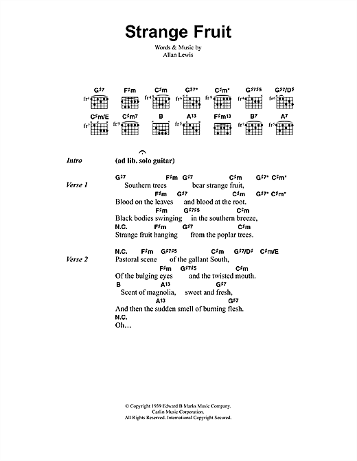 Preview Jeff Buckley Strange Fruit Rock sheet music, notes and chords for Lyrics & Chords, SKU: 41384 sheet music, piano notes, chords, guitar tabs, score, transpose, transcribe, how to play, guide, download, learn, tutorial, progression, song, artist, awards, billboard, mtv, vh1, tour, single, album, release