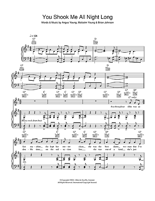Preview AC/DC You Shook Me All Night Long Rock sheet music, notes and chords for Piano, Vocal & Guitar, SKU: 41386 sheet music, piano notes, chords, guitar tabs, score, transpose, transcribe, how to play, guide, download, learn, tutorial, progression, song, artist, awards, billboard, mtv, vh1, tour, single, album, release