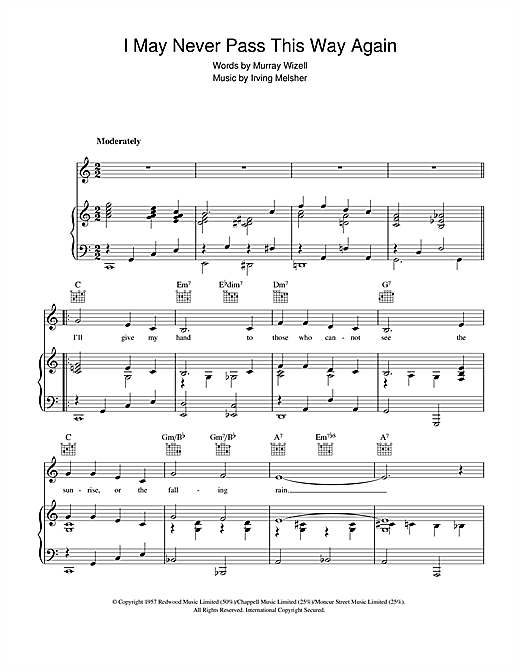 Preview Irving Melsher I May Never Pass This Way Again Easy Listening sheet music, notes and chords for Piano, Vocal & Guitar (Right-Hand Melody), SKU: 41405 sheet music, piano notes, chords, guitar tabs, score, transpose, transcribe, how to play, guide, download, learn, tutorial, progression, song, artist, awards, billboard, mtv, vh1, tour, single, album, release