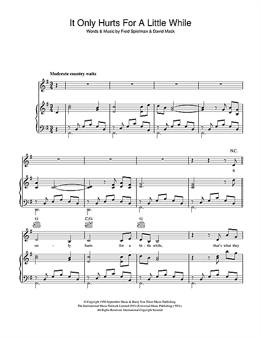 Preview The Ames Brothers It Only Hurts For A Little While Easy Listening sheet music, notes and chords for Piano, Vocal & Guitar (Right-Hand Melody), SKU: 41410 sheet music, piano notes, chords, guitar tabs, score, transpose, transcribe, how to play, guide, download, learn, tutorial, progression, song, artist, awards, billboard, mtv, vh1, tour, single, album, release