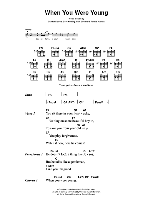 Preview The Killers When You Were Young Rock sheet music, notes and chords for Lyrics & Chords, SKU: 41426 sheet music, piano notes, chords, guitar tabs, score, transpose, transcribe, how to play, guide, download, learn, tutorial, progression, song, artist, awards, billboard, mtv, vh1, tour, single, album, release