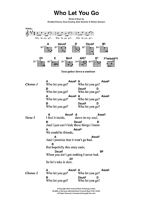 Preview The Killers Who Let You Go Rock sheet music, notes and chords for Lyrics & Chords, SKU: 41428 sheet music, piano notes, chords, guitar tabs, score, transpose, transcribe, how to play, guide, download, learn, tutorial, progression, song, artist, awards, billboard, mtv, vh1, tour, single, album, release