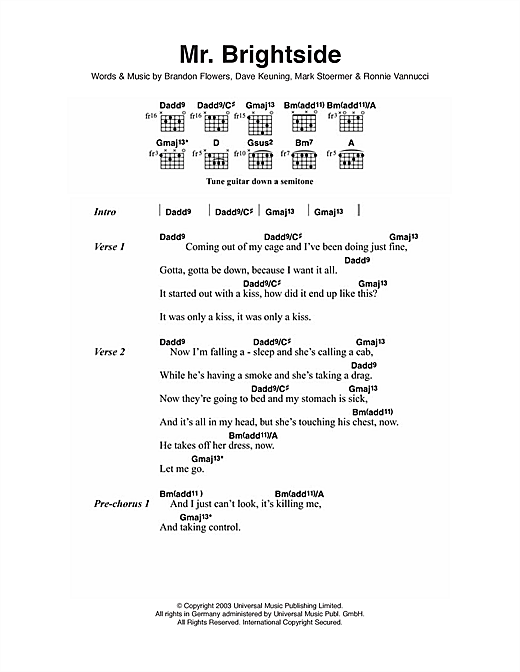 Preview The Killers Mr. Brightside Rock sheet music, notes and chords for Lyrics & Chords, SKU: 41429 sheet music, piano notes, chords, guitar tabs, score, transpose, transcribe, how to play, guide, download, learn, tutorial, progression, song, artist, awards, billboard, mtv, vh1, tour, single, album, release