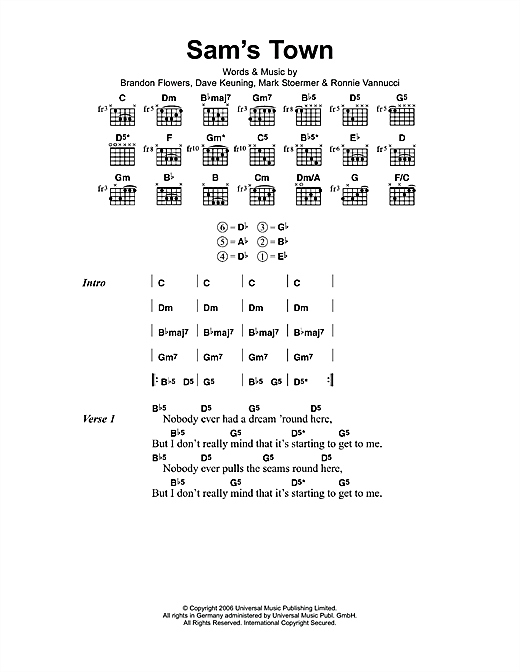 Preview The Killers Sam's Town Rock sheet music, notes and chords for Lyrics & Chords, SKU: 41433 sheet music, piano notes, chords, guitar tabs, score, transpose, transcribe, how to play, guide, download, learn, tutorial, progression, song, artist, awards, billboard, mtv, vh1, tour, single, album, release