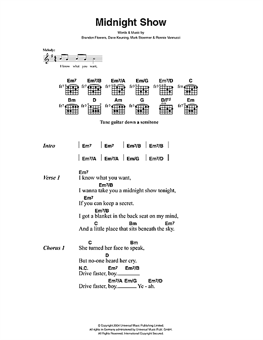 Preview The Killers Midnight Show Rock sheet music, notes and chords for Lyrics & Chords, SKU: 41434 sheet music, piano notes, chords, guitar tabs, score, transpose, transcribe, how to play, guide, download, learn, tutorial, progression, song, artist, awards, billboard, mtv, vh1, tour, single, album, release