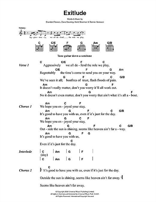 Preview The Killers Exitlude Rock sheet music, notes and chords for Lyrics & Chords, SKU: 41435 sheet music, piano notes, chords, guitar tabs, score, transpose, transcribe, how to play, guide, download, learn, tutorial, progression, song, artist, awards, billboard, mtv, vh1, tour, single, album, release