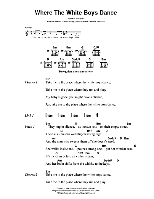 Preview The Killers Where The White Boys Dance Rock sheet music, notes and chords for Lyrics & Chords, SKU: 41437 sheet music, piano notes, chords, guitar tabs, score, transpose, transcribe, how to play, guide, download, learn, tutorial, progression, song, artist, awards, billboard, mtv, vh1, tour, single, album, release