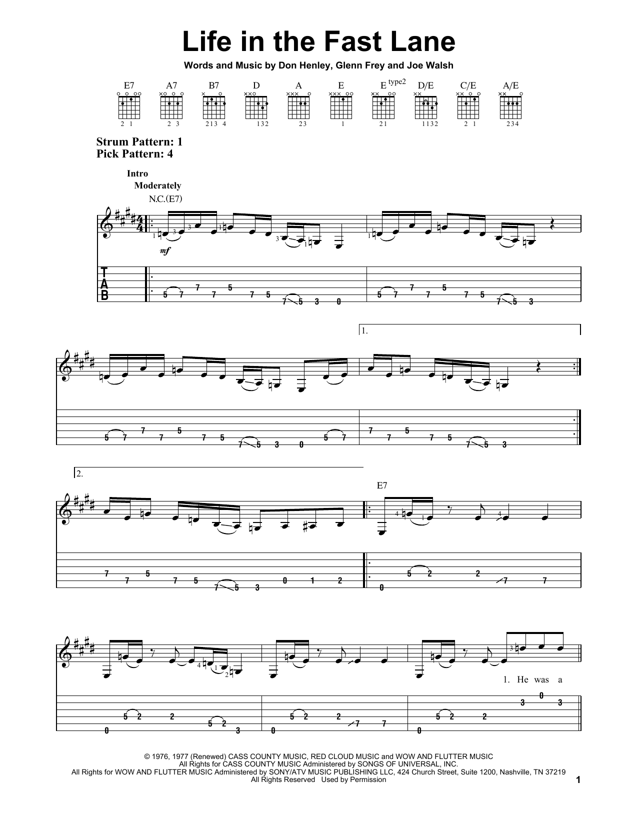 Preview The Eagles Life In The Fast Lane Rock sheet music, notes and chords for Easy Guitar Tab, SKU: 414382 sheet music, piano notes, chords, guitar tabs, score, transpose, transcribe, how to play, guide, download, learn, tutorial, progression, song, artist, awards, billboard, mtv, vh1, tour, single, album, release