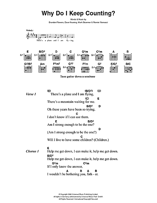 Preview The Killers Why Do I Keep Counting Rock sheet music, notes and chords for Lyrics & Chords, SKU: 41440 sheet music, piano notes, chords, guitar tabs, score, transpose, transcribe, how to play, guide, download, learn, tutorial, progression, song, artist, awards, billboard, mtv, vh1, tour, single, album, release
