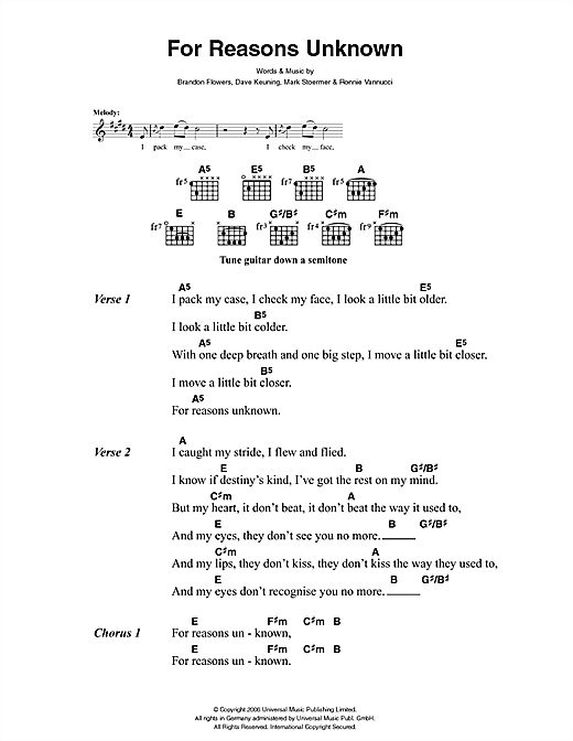 Preview The Killers For Reasons Unknown Rock sheet music, notes and chords for Lyrics & Chords, SKU: 41443 sheet music, piano notes, chords, guitar tabs, score, transpose, transcribe, how to play, guide, download, learn, tutorial, progression, song, artist, awards, billboard, mtv, vh1, tour, single, album, release
