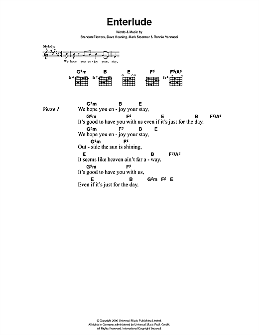 Preview The Killers Enterlude Rock sheet music, notes and chords for Lyrics & Chords, SKU: 41444 sheet music, piano notes, chords, guitar tabs, score, transpose, transcribe, how to play, guide, download, learn, tutorial, progression, song, artist, awards, billboard, mtv, vh1, tour, single, album, release