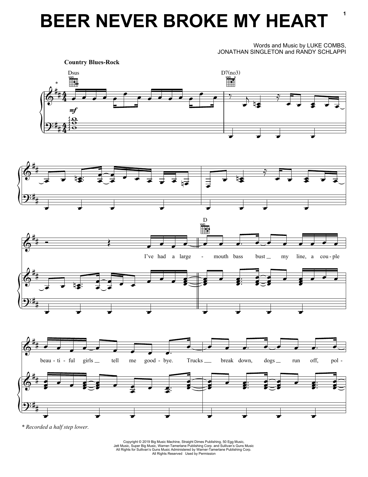 Preview Luke Combs Beer Never Broke My Heart Pop sheet music, notes and chords for Piano, Vocal & Guitar (Right-Hand Melody), SKU: 414475 sheet music, piano notes, chords, guitar tabs, score, transpose, transcribe, how to play, guide, download, learn, tutorial, progression, song, artist, awards, billboard, mtv, vh1, tour, single, album, release