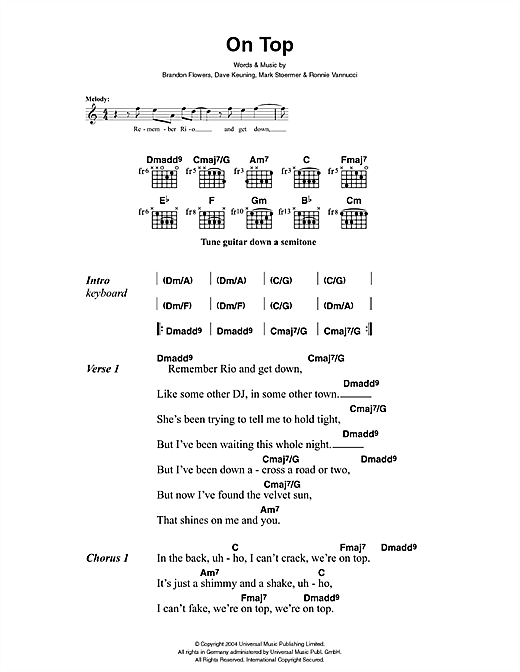 Preview The Killers On Top Rock sheet music, notes and chords for Lyrics & Chords, SKU: 41447 sheet music, piano notes, chords, guitar tabs, score, transpose, transcribe, how to play, guide, download, learn, tutorial, progression, song, artist, awards, billboard, mtv, vh1, tour, single, album, release