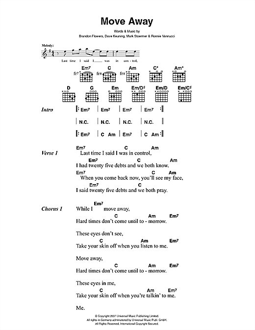 Preview The Killers Move Away Rock sheet music, notes and chords for Lyrics & Chords, SKU: 41449 sheet music, piano notes, chords, guitar tabs, score, transpose, transcribe, how to play, guide, download, learn, tutorial, progression, song, artist, awards, billboard, mtv, vh1, tour, single, album, release