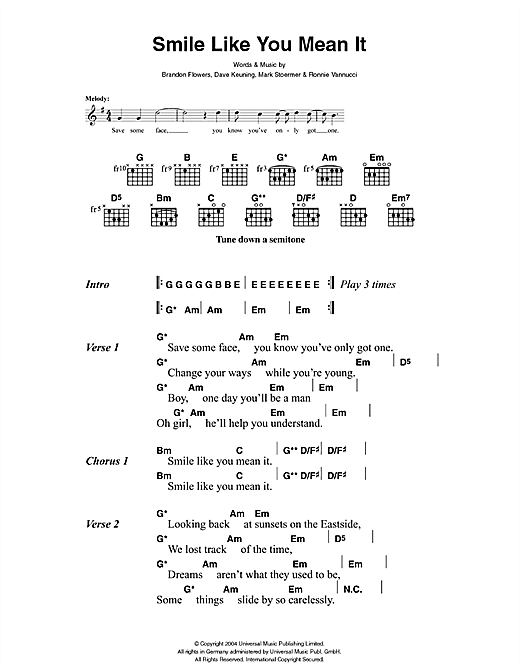 Preview The Killers Smile Like You Mean It Rock sheet music, notes and chords for Lyrics & Chords, SKU: 41455 sheet music, piano notes, chords, guitar tabs, score, transpose, transcribe, how to play, guide, download, learn, tutorial, progression, song, artist, awards, billboard, mtv, vh1, tour, single, album, release