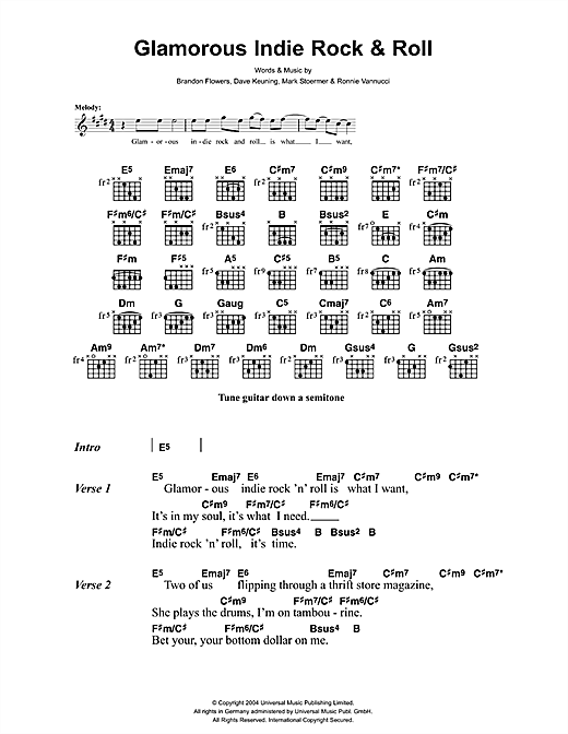 Preview The Killers Glamorous Indie Rock And Roll Rock sheet music, notes and chords for Lyrics & Chords, SKU: 41456 sheet music, piano notes, chords, guitar tabs, score, transpose, transcribe, how to play, guide, download, learn, tutorial, progression, song, artist, awards, billboard, mtv, vh1, tour, single, album, release