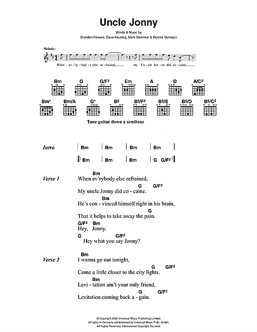Preview The Killers Uncle Jonny Rock sheet music, notes and chords for Lyrics & Chords, SKU: 41458 sheet music, piano notes, chords, guitar tabs, score, transpose, transcribe, how to play, guide, download, learn, tutorial, progression, song, artist, awards, billboard, mtv, vh1, tour, single, album, release