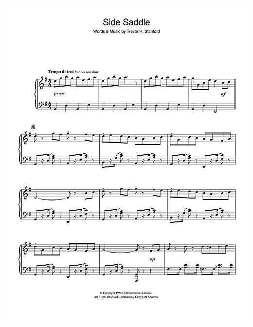 Preview Trevor H. Stanford Side Saddle Easy Listening sheet music, notes and chords for Piano, Vocal & Guitar, SKU: 41460 sheet music, piano notes, chords, guitar tabs, score, transpose, transcribe, how to play, guide, download, learn, tutorial, progression, song, artist, awards, billboard, mtv, vh1, tour, single, album, release